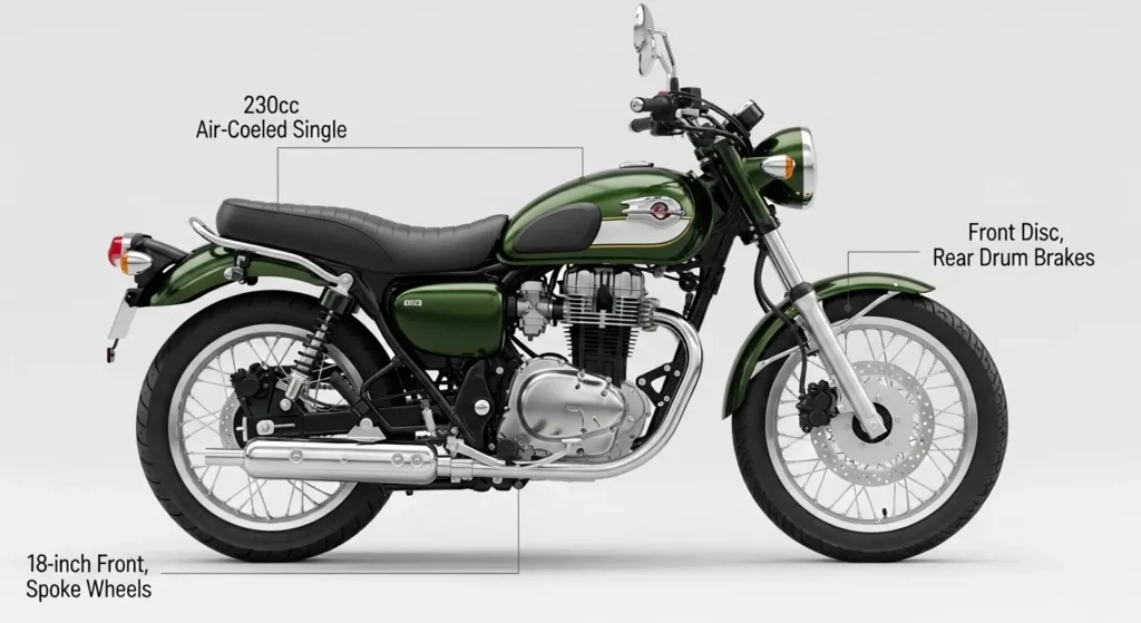 Kawasaki W230 2025 side profile with visible retro styling and modern features.
