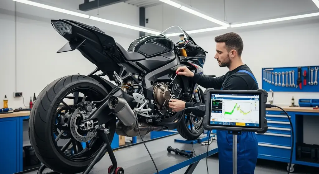 Mechanic calibrating motorcycle throttle position sensor using diagnostic tool