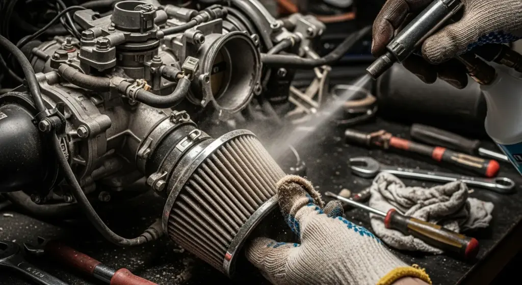 Mechanic cleaning a dusty motorcycle air filter to fix rough idle problems