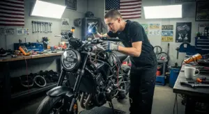 Mechanic diagnosing electrical short on modern motorcycle.