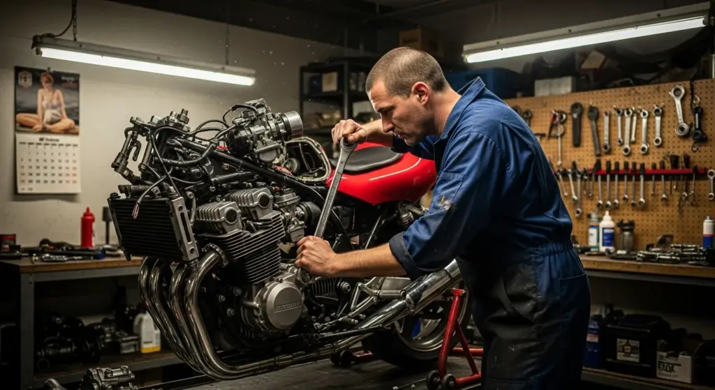 Mechanic inspecting motorcycle engine