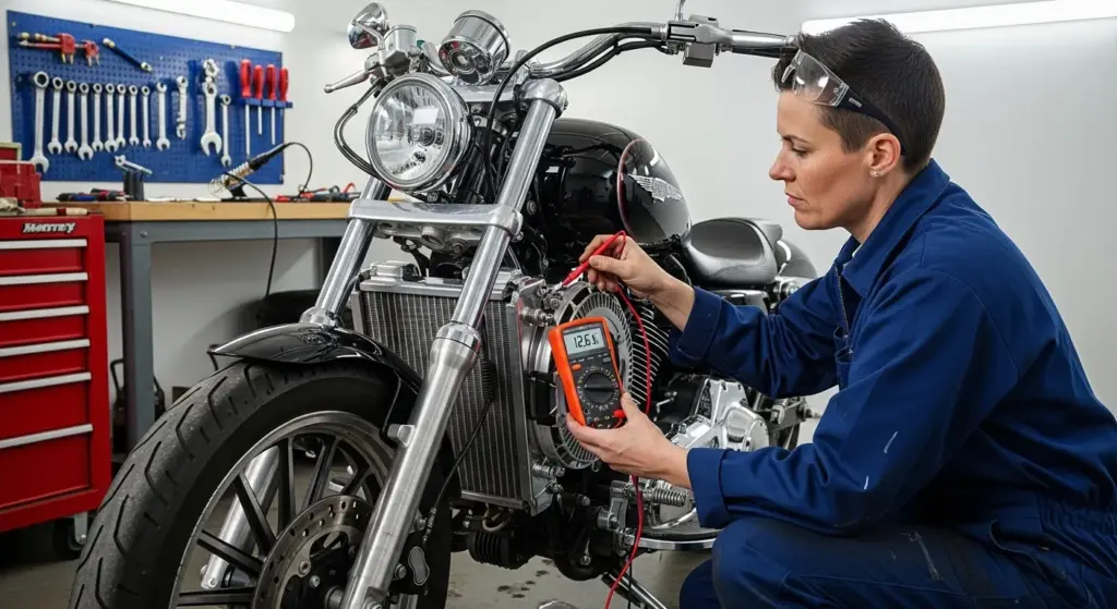 Diagnosing Motorcycle Overheating Problems in Summer 4 Mechanic testing motorcycle radiator fan with multimeter in a well-lit garage