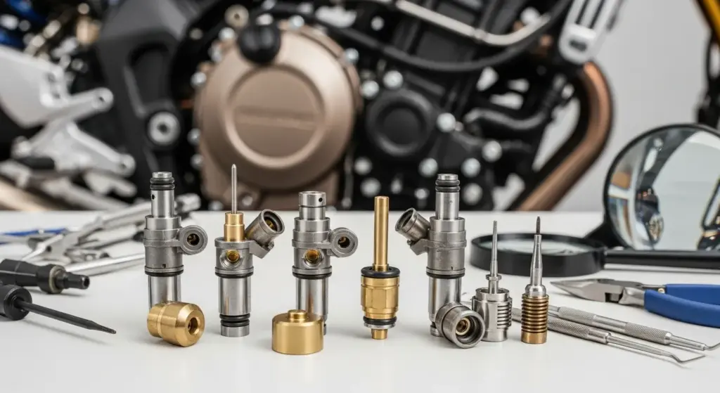 Motorcycle fuel injector and carburetor jets being cleaned to restore stable idle