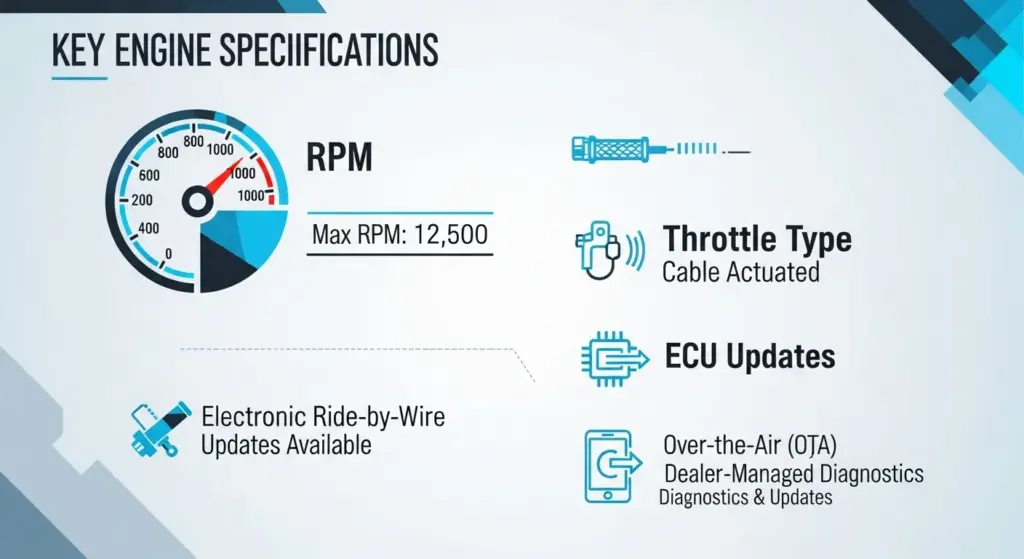 Motorcycle idle specification infographic showing throttle type RPM and ECU update importance