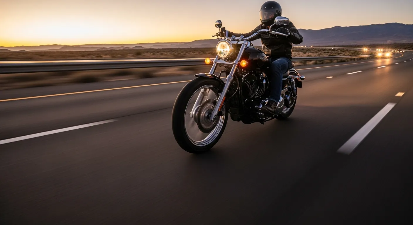 Motorcycle on open road at dusk
