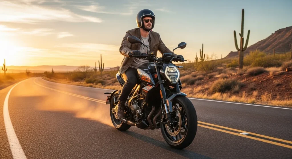 Motorcyclist riding the 2026 CFMoto 675NK on Route 66 at sunset.