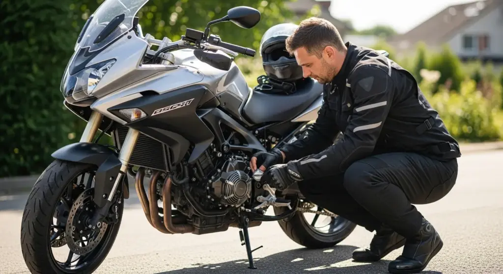 Diagnosing Motorcycle Overheating Problems in Summer 6 Rider doing preventive inspection