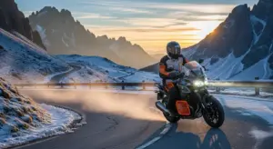 Rider in heated gear on a frosty mountain road