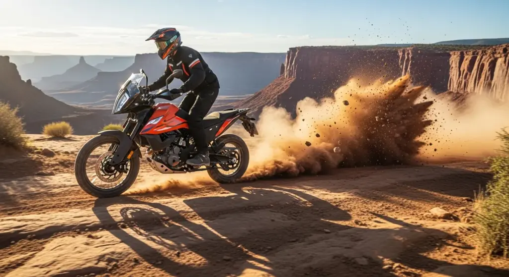 Rider on 2025 KTM 390 Adventure R tackling off-road trail at speed..328Z