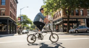 Rider on Brompton Electric G e-bike commuting through U.S. city streets.604Z