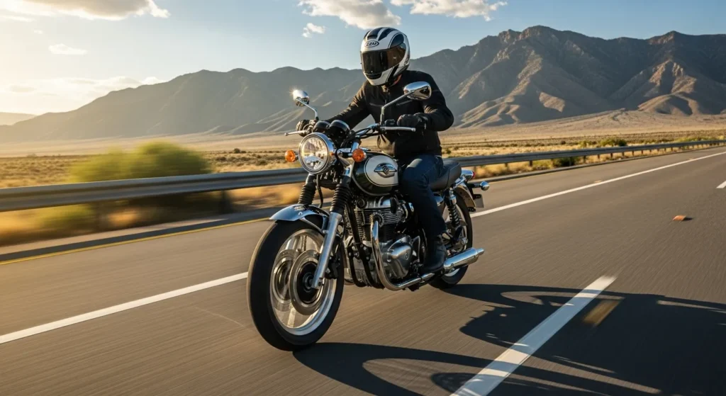Rider on Kawasaki W230 2025 retro-standard motorcycle on USA highway.