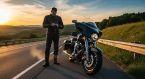 Rider preparing for a morning ride while motorcycle idles