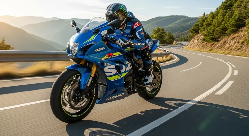 Rider pushing the 2026 GSX-R 40th Anniversary through a high-speed corner