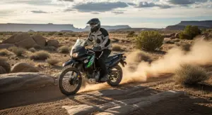 Rider tackling off-road terrain on the 2026 Kawasaki KLR 650.