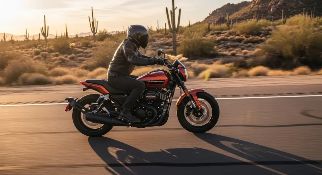 Rider testing the 2026 Harley-Davidson Sprint on open desert roads