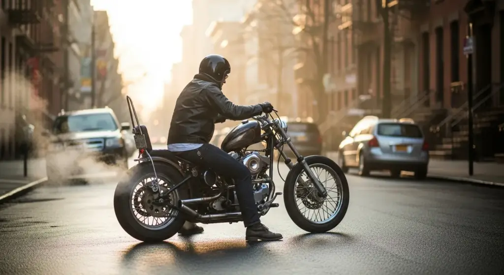 Do You Really Need to Warm Up Your Motorcycle Before Every Ride? 3 Rider warming up motorcycle engine on a calm morning