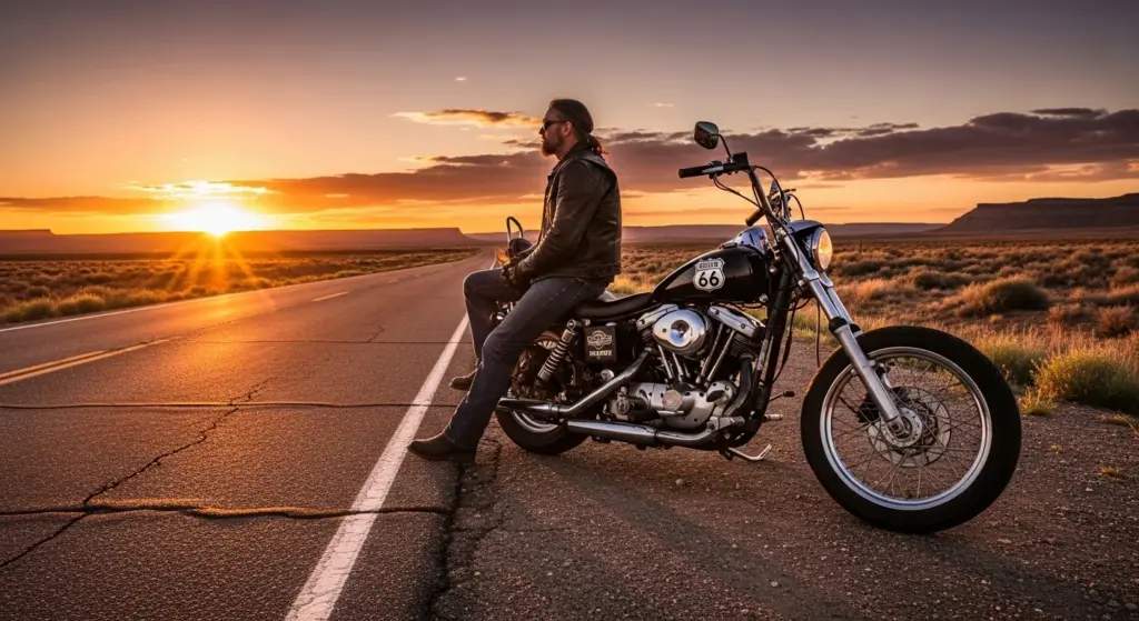 Rider with motorcycle at sunset Route 66