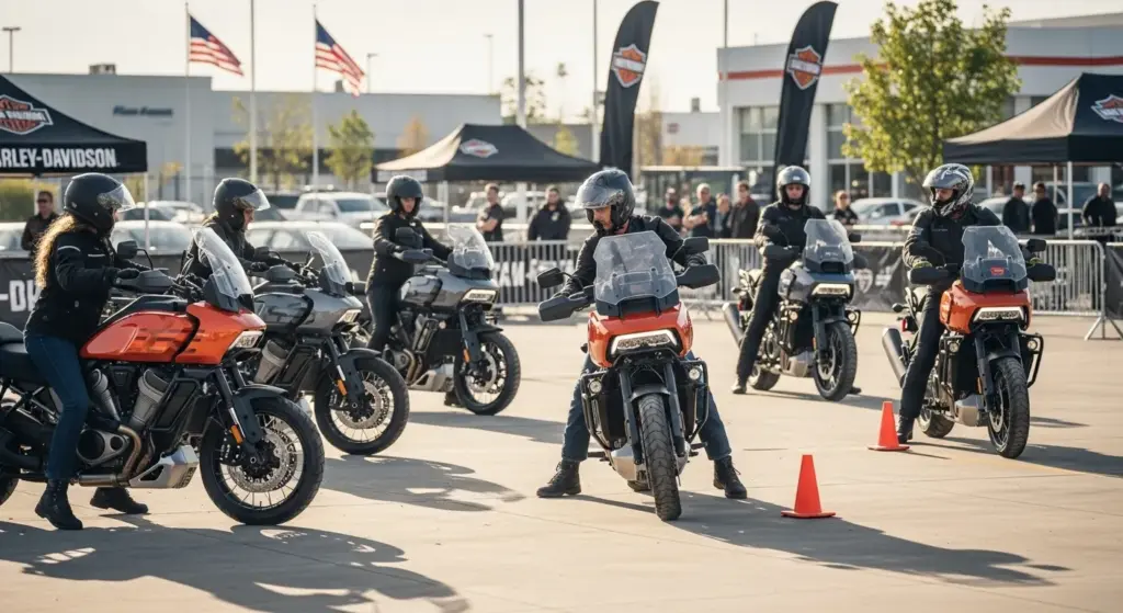 Riders testing the 2025 Pan America 1250 Special at a U.S. dealership demo event