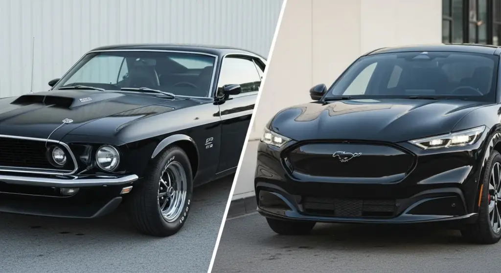 Side-by-side image comparing the 1969 Ford Mustang Boss 429 with the modern 2025 Mustang Mach-E GT.