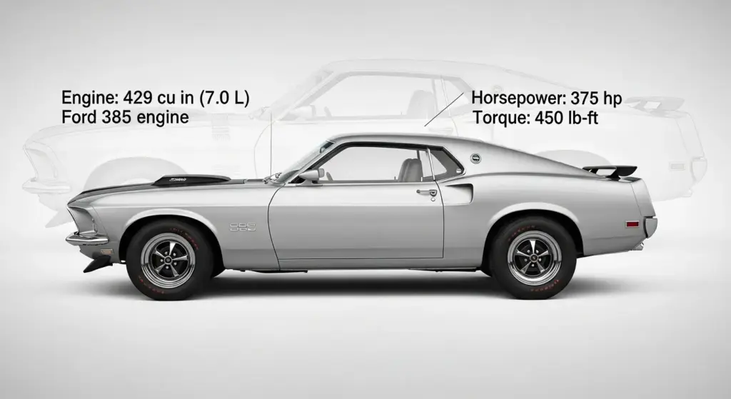Side view of 1969 Ford Mustang Boss 429 showing its muscular stance and classic proportions.