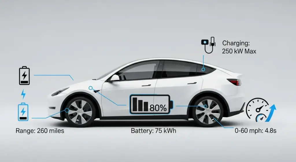Tesla Just Dropped a $37,990 Model Y — But What Did It Cut to Get There? 4 Tesla Model Y Standard infographic showing range, performance, and EV specs.