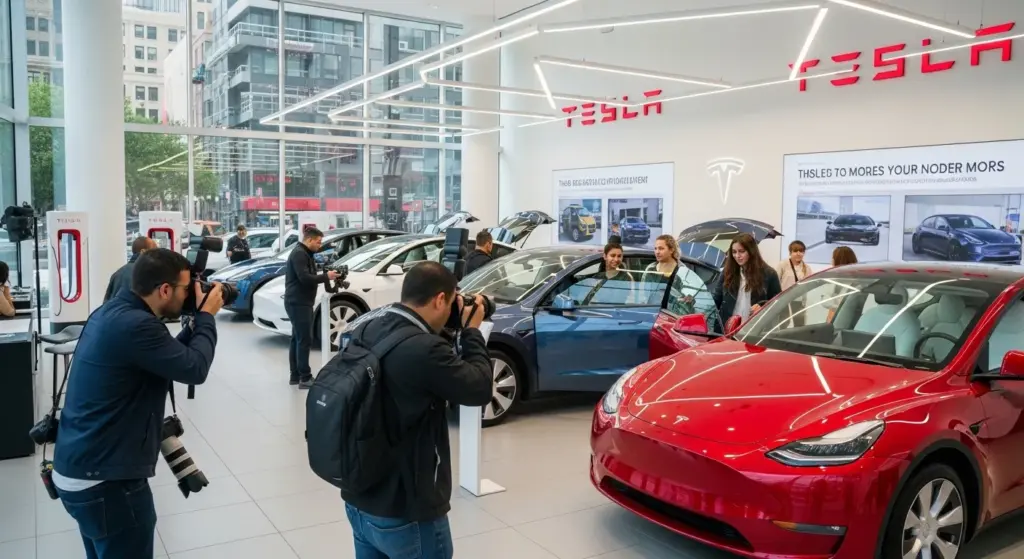 Tesla Just Dropped a $37,990 Model Y — But What Did It Cut to Get There? 5 Tesla showroom with customers viewing the newly launched $37,990 Model Y.