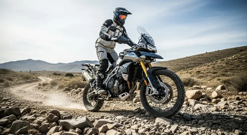 Motorcycle rider navigating rocky terrain.
