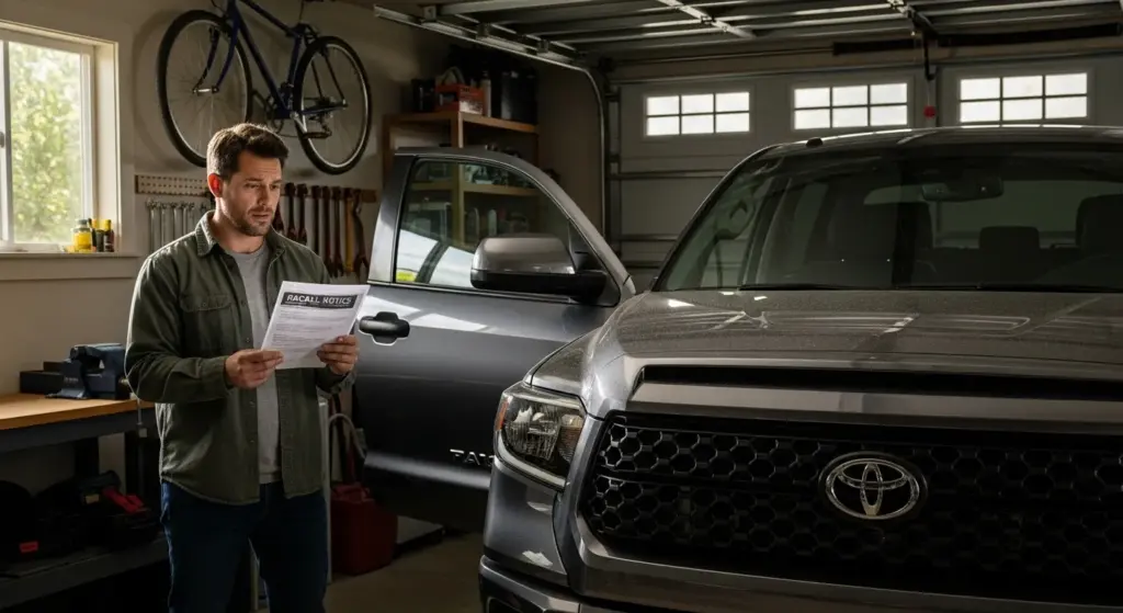 Toyota Recalls 2022-2025 Tundra: Rearview Camera Bug Leaves Drivers in the Dark 3 Toyota Tundra owner reading recall notice beside parked truck.