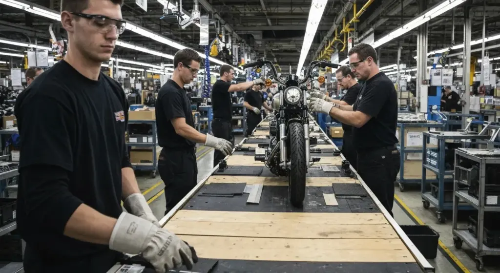 Workers on Harley Davidson motorcycle production line