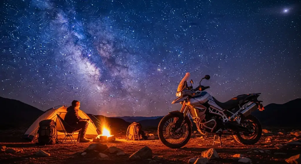 adventure rider with Tiger 900 Rally at campsite