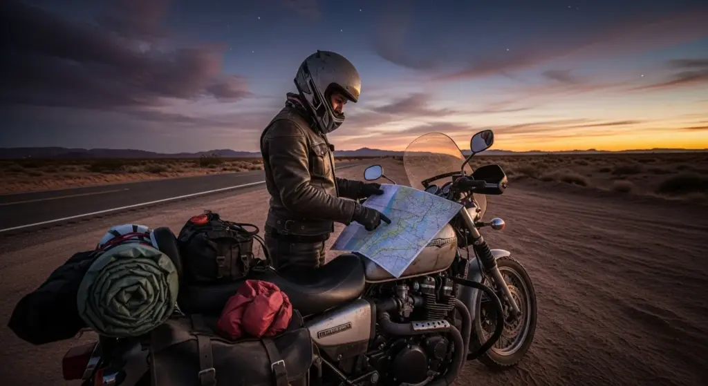 rider and adventure bike in open terrain