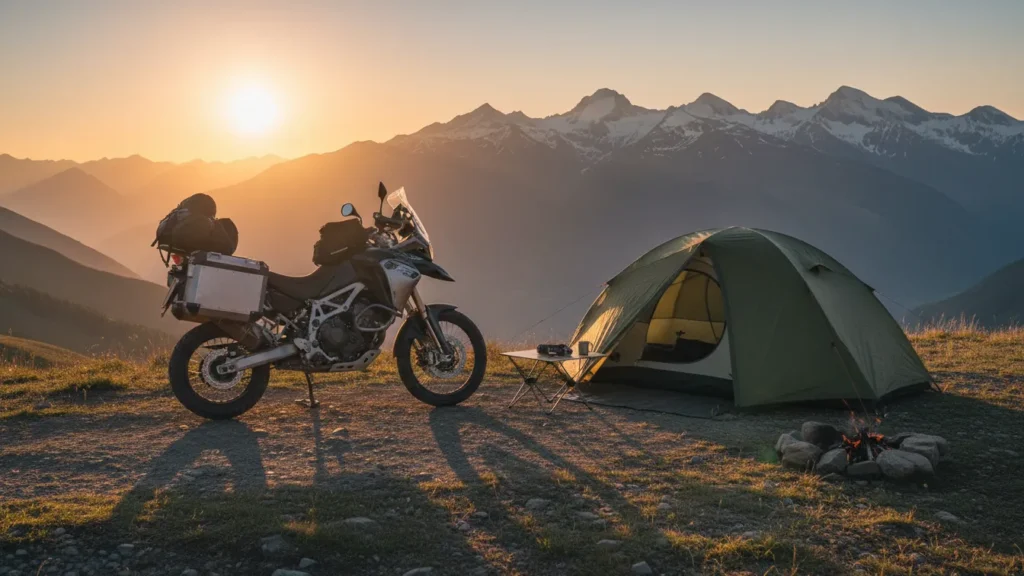 Adventure bike parked beside a tent at golden hour