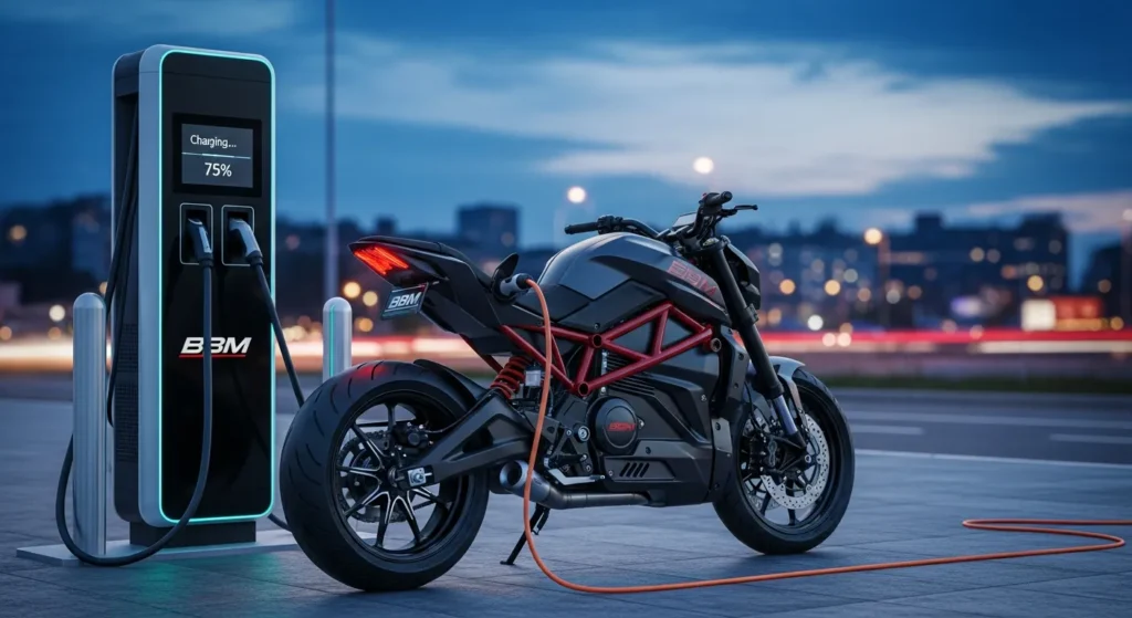 Ultra-Fast Charging Bikes for 2026: Why Riders Are Excited 4 BBM Hiro Streetfighter variant plugged into a DC fast charger