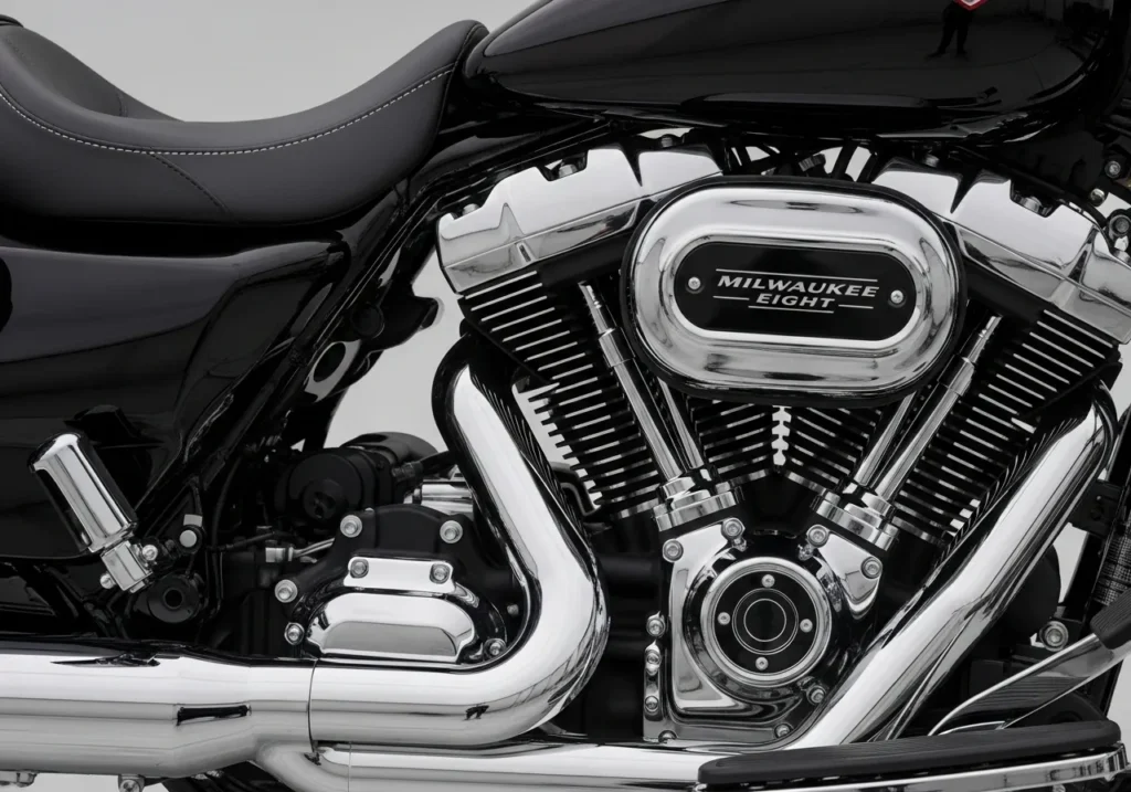 Heritage Classic Goes Raw: Harley’s New 2026 Solo Trim Turns Heads 2 Close-up of Harley-Davidson Milwaukee-Eight engine with solo seat trim