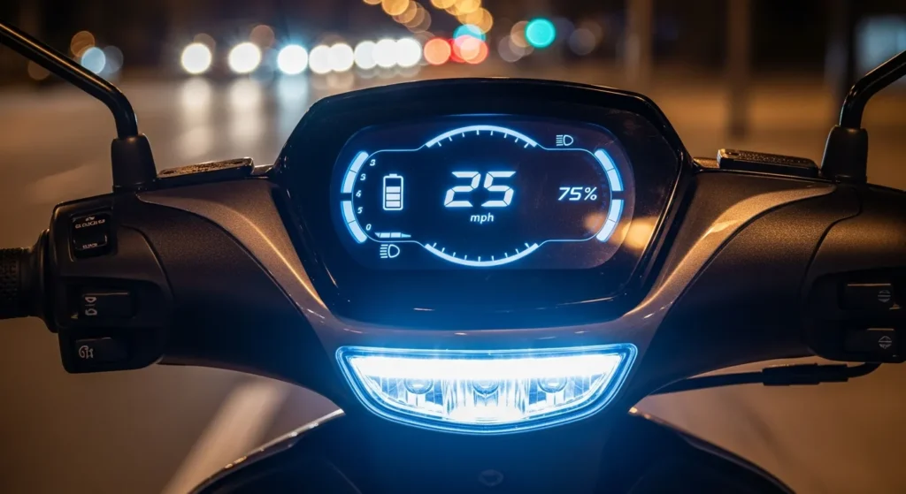 Close-up of an electric scooter’s digital dashboard and LED lighting