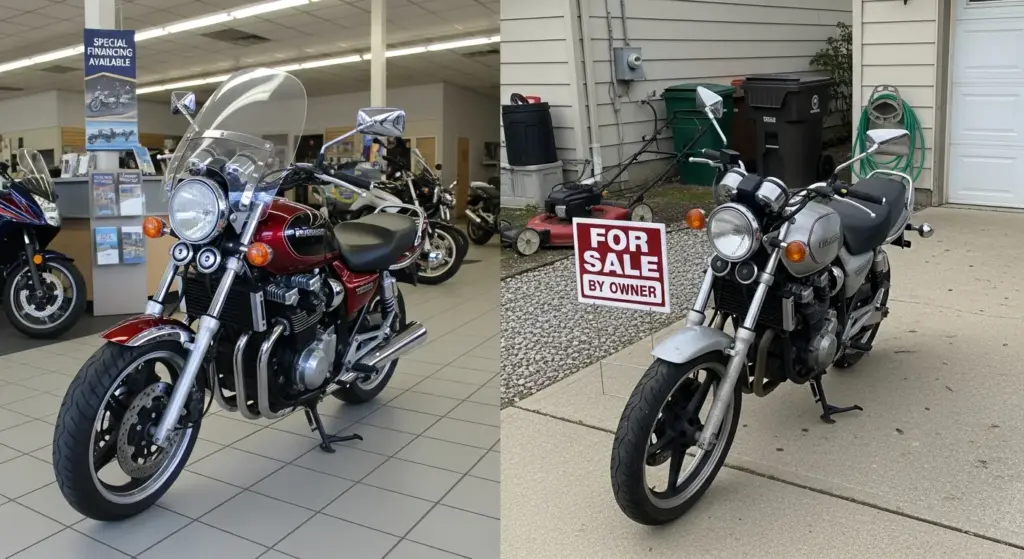 Comparing dealership vs. private seller used motorcycles.