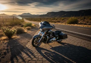 Harley-Davidson Street Glide Solo Trim on a rugged USA desert highway