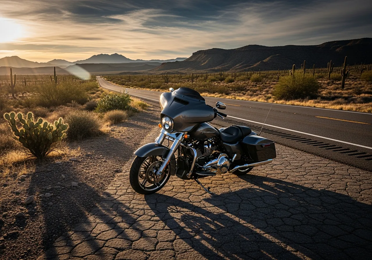 Harley-Davidson Street Glide Solo Trim on a rugged USA desert highway