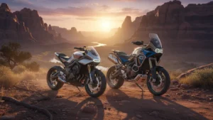 Naked bike and adventure bike side-by-side on a rugged USA trail