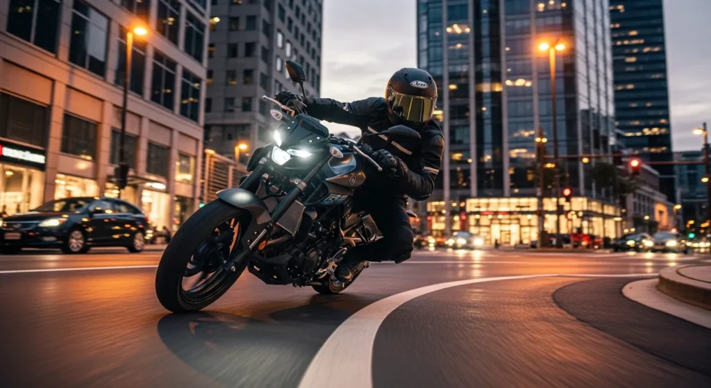 2026’s Best Fuel-Efficient Motorcycles (Yes, Gas Still Matters) 3 Rider carving through city streets on a 2026 Yamaha MT-03