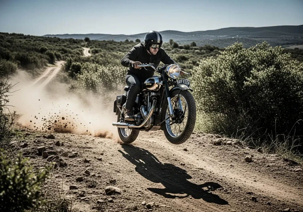 Royal Enfield Flying Flea FF.S6: The EV Scrambler No One Expected, Yet Everyone Is Debating 2 Rider jumping the Royal Enfield Flying Flea FF.S6 off a dirt mound