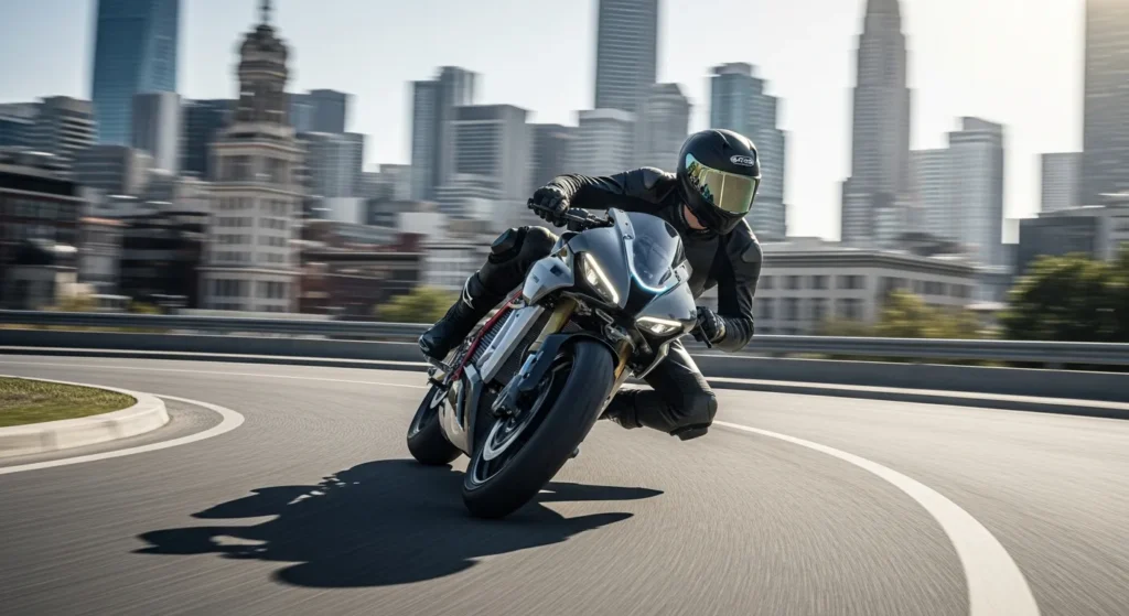 Rider leaning into a turn on an electric motorcycle