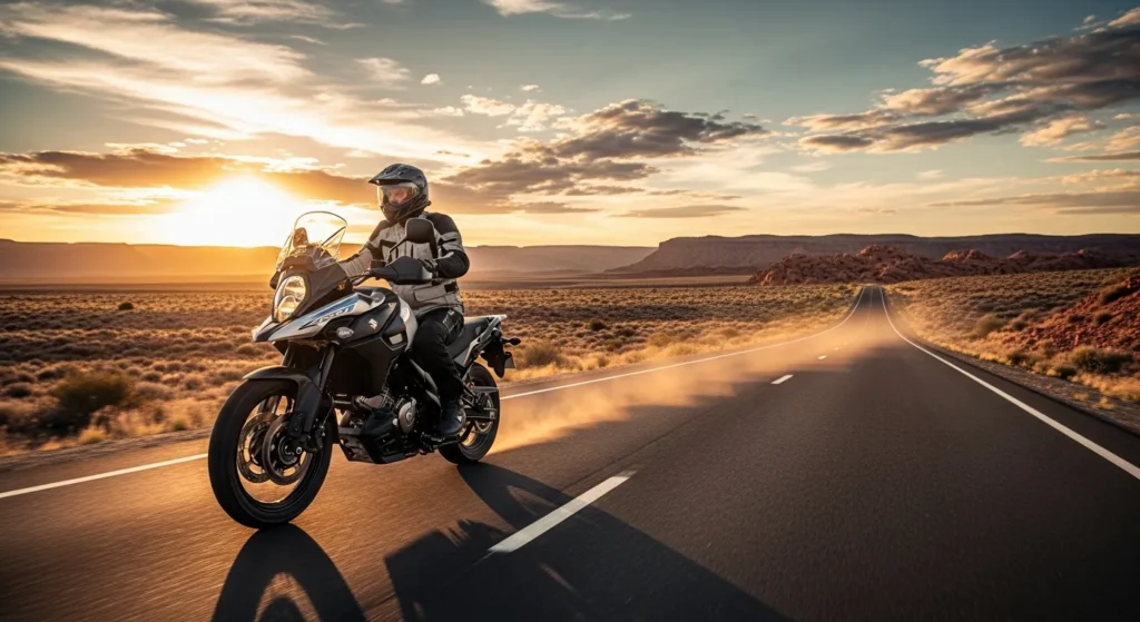2026’s Best Fuel-Efficient Motorcycles (Yes, Gas Still Matters) 4 Rider on Suzuki V-Strom 800 cruising through desert highway