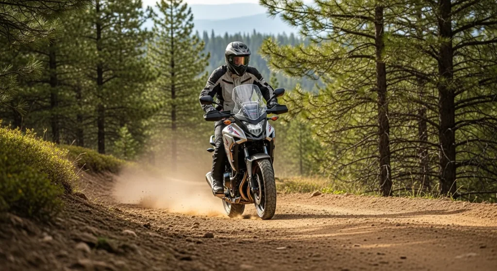 2026’s Best Fuel-Efficient Motorcycles (Yes, Gas Still Matters) 5 Rider on a 2026 Honda CB500X crossing a dirt trail surrounded by pine trees