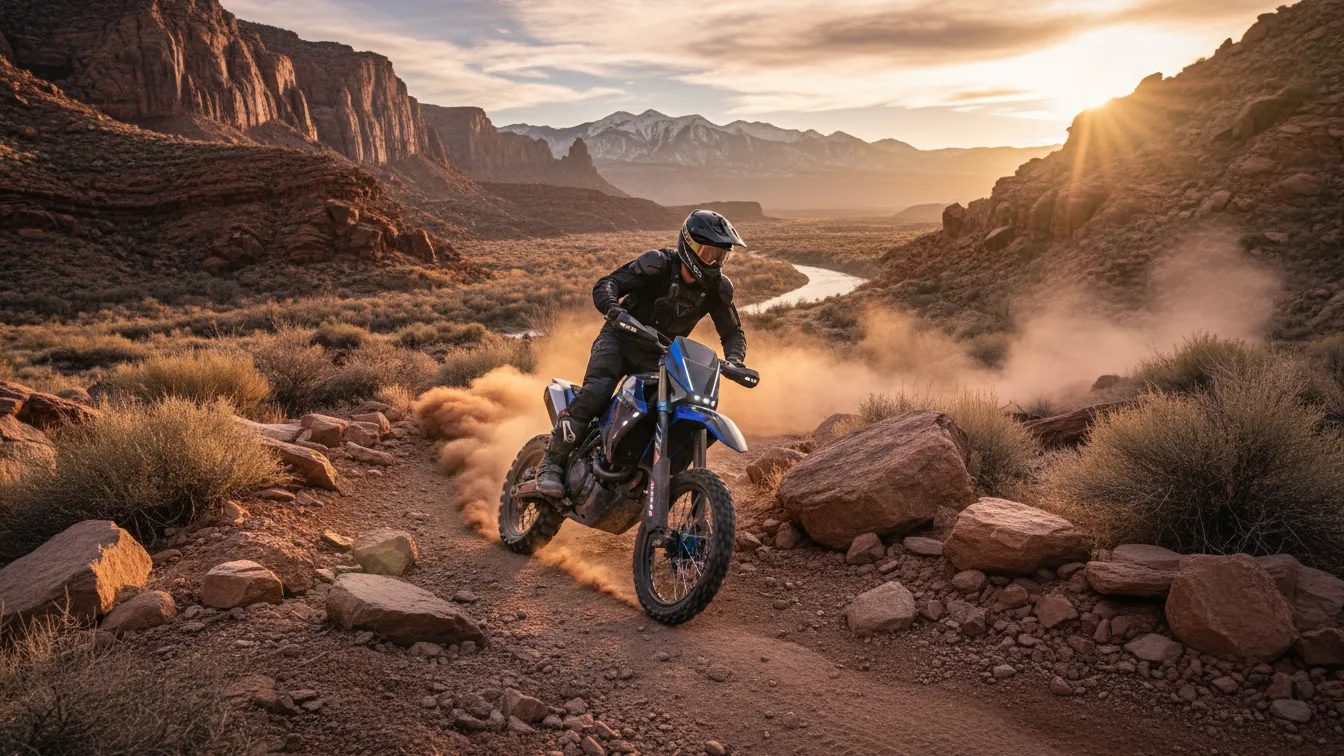 Rider on a dirt bike navigating a rugged USA trail