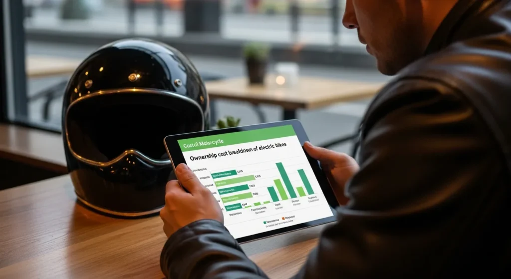 The 2026 Electric Motorcycle Boom: What Riders Should Know 2 Rider reviewing cost comparison between electric and petrol motorcycles on a digital tablet