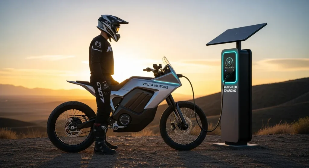 Ultra-Fast Charging Bikes for 2026: Why Riders Are Excited 3 Rider standing beside an electric dirt bike plugged into a fast charger at sunset