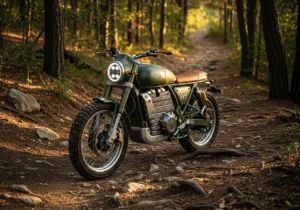 Royal Enfield Flying Flea FF.S6 electric scrambler on a forest trail
