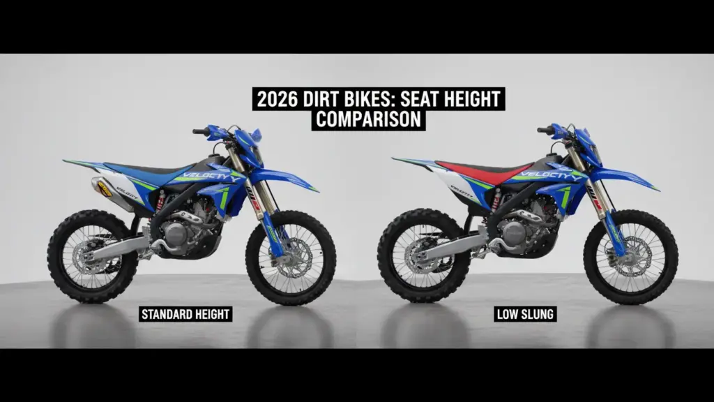 Side-by-side comparison of two 2026 dirt bikes with different seat heights