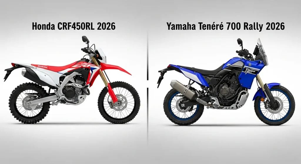 Side-by-side of Honda CRF450RL 2026 vs Yamaha Ténéré 700 Rally 2026